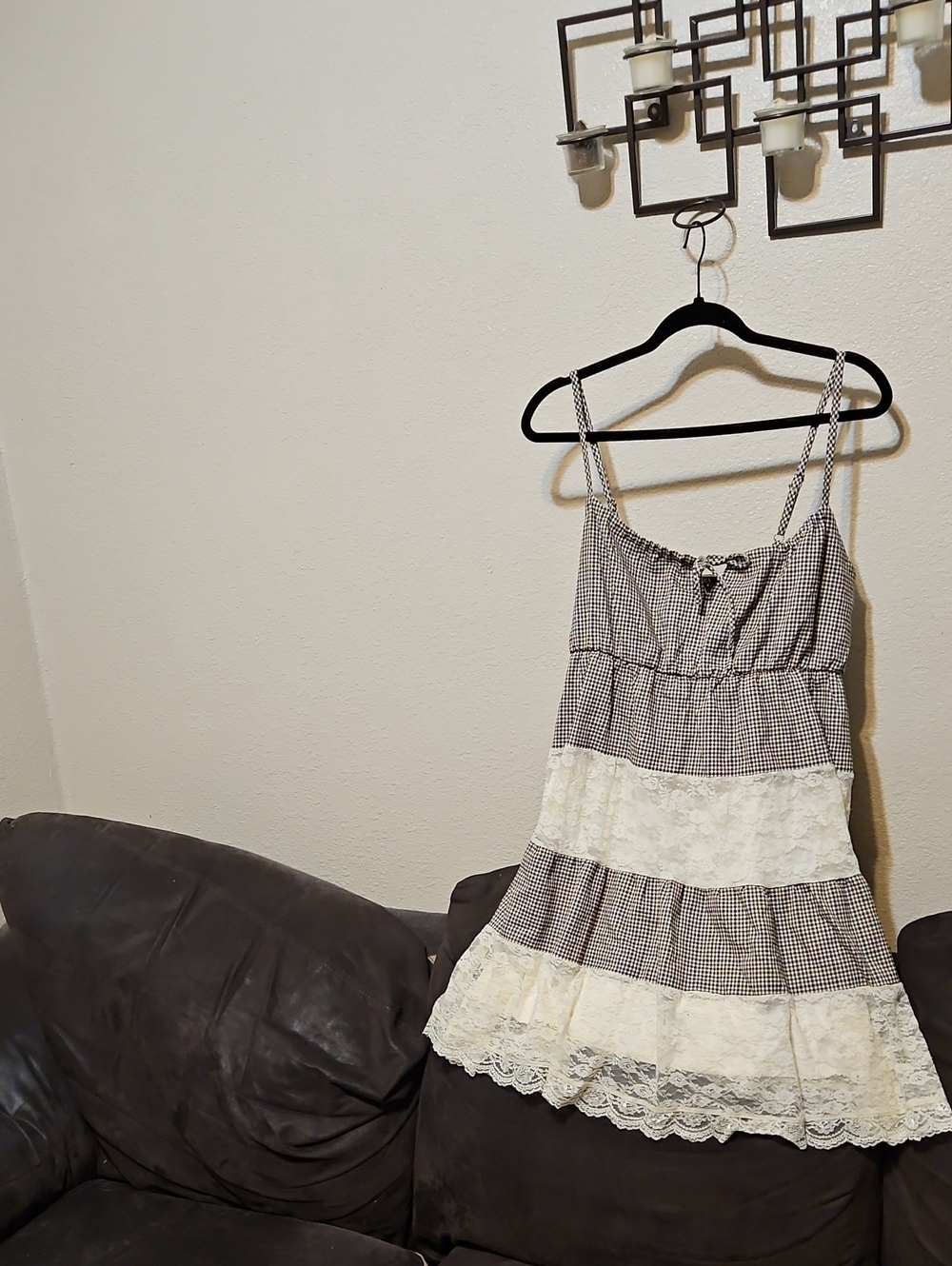 Gingham Lace-Trim Spaghetti Strap Mini Dress - Black, Brown & Cream
